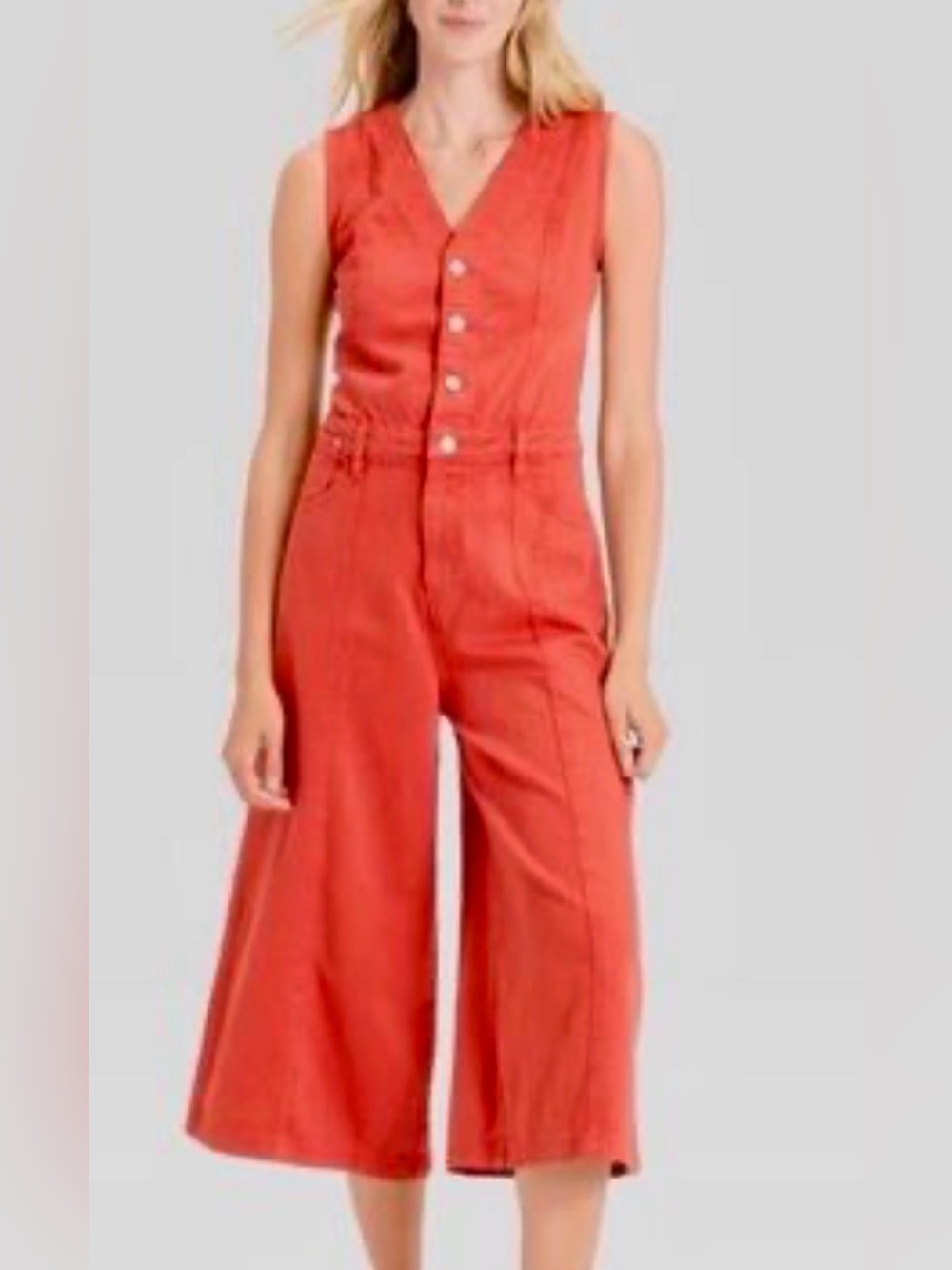 Universal Thread Red Cropped
Sleeveless Wide Leg Denim
Jumpsuit Size 14Coral